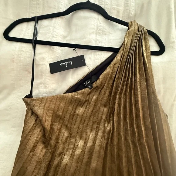 Lulus Averette Bronze Metallic Pleated One-shoulder Maxi Dress Gold Size L - Picture 9 of 10